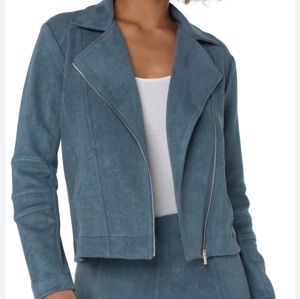 Liverpool faux suede Moto jacket in slate blue size large NWT.